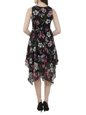 black floral georgette assymetric dress - 15273741 - Standard Image - 3
