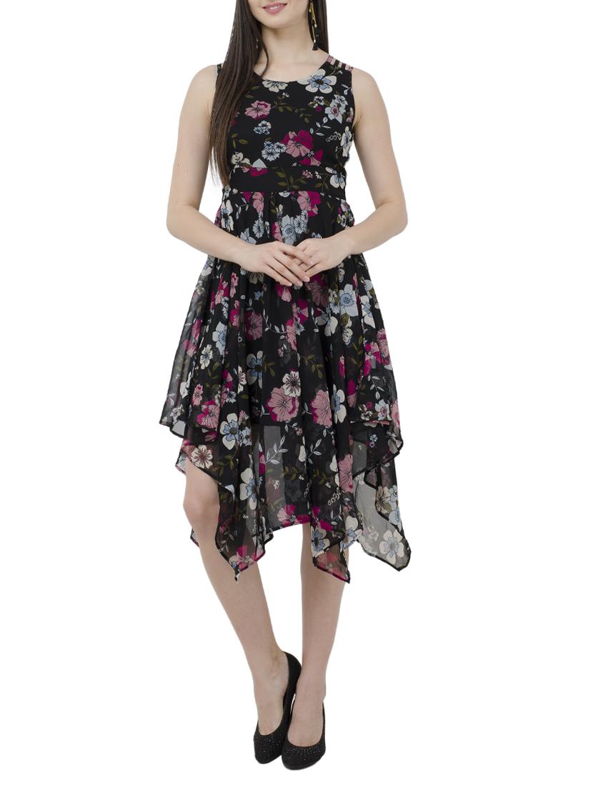 black floral georgette assymetric dress - 15273741 - Zoom Image - 1