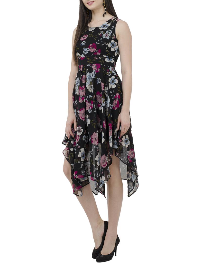 black floral georgette assymetric dress - 15273741 - Zoom Image - 2