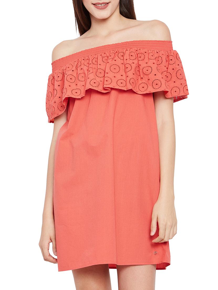 red solid cotton off shoulder dress - 15274318 - Zoom Image - 1