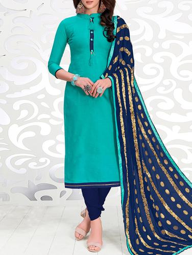 Turquoise unstitched churidaar suit - 15275366 - Very Small Image - 1