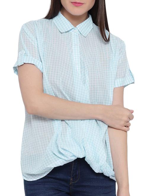 Checkered shirt collar cowl hem top - 15275494 - Standard Image - 1