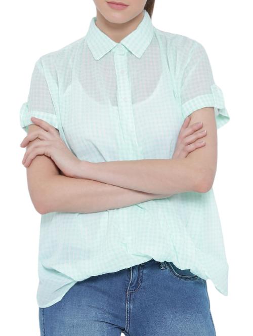 Checkered shirt collar cowl hem top - 15275495 - Standard Image - 1
