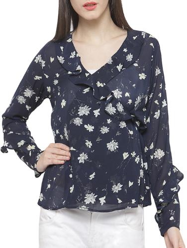 floral ruffle detail sheer wrap top - 15275503 - Very Small Image - 1