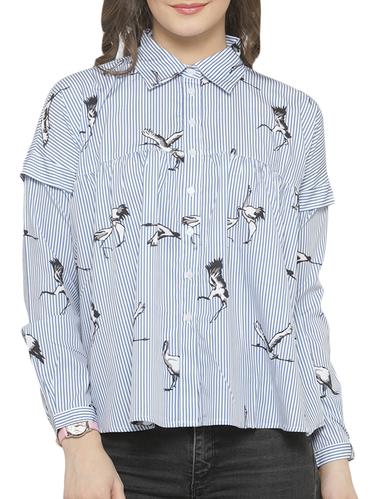Bird print striped flared shirt - 15275514 - Very Small Image - 1