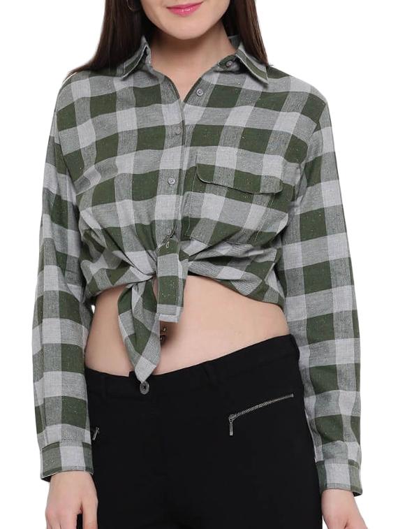 checkered front tie up high-low shirt