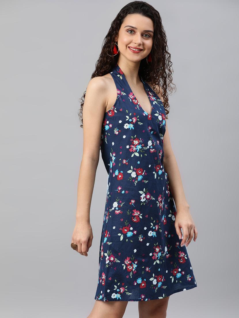 navy blue cotton floral a-line dress - 15277104 - Zoom Image - 2