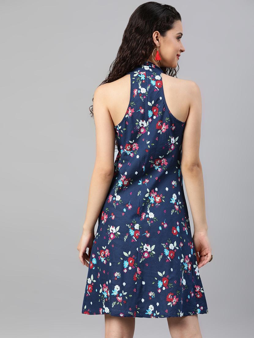 navy blue cotton floral a-line dress - 15277104 - Zoom Image - 3