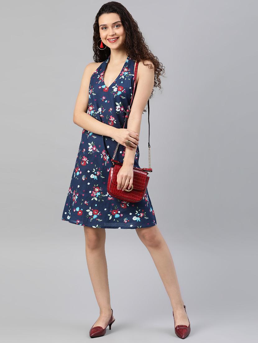 navy blue cotton floral a-line dress - 15277104 - Zoom Image - 4