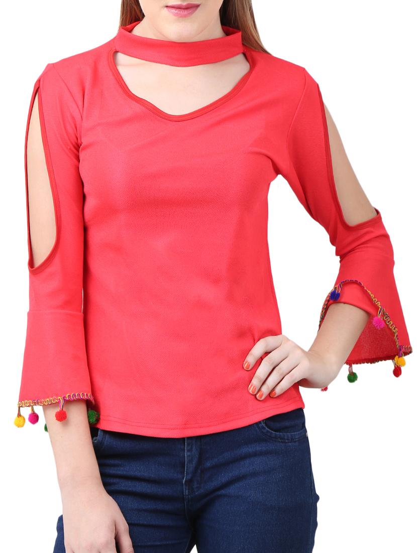 cut out sleeved pom pom detail top - 15282218 - Zoom Image - 1