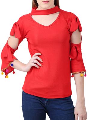 cut out sleeved pom pom detail top - 15282220 - Standard Image - 1