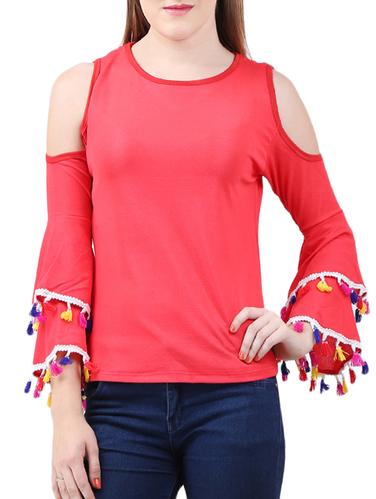 cold shoulder sleeved pom pom detail top - 15282222 - Very Small Image - 1
