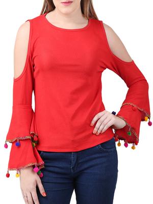 cold shoulder sleeved pom pom detail top - 15282223 - Standard Image - 1
