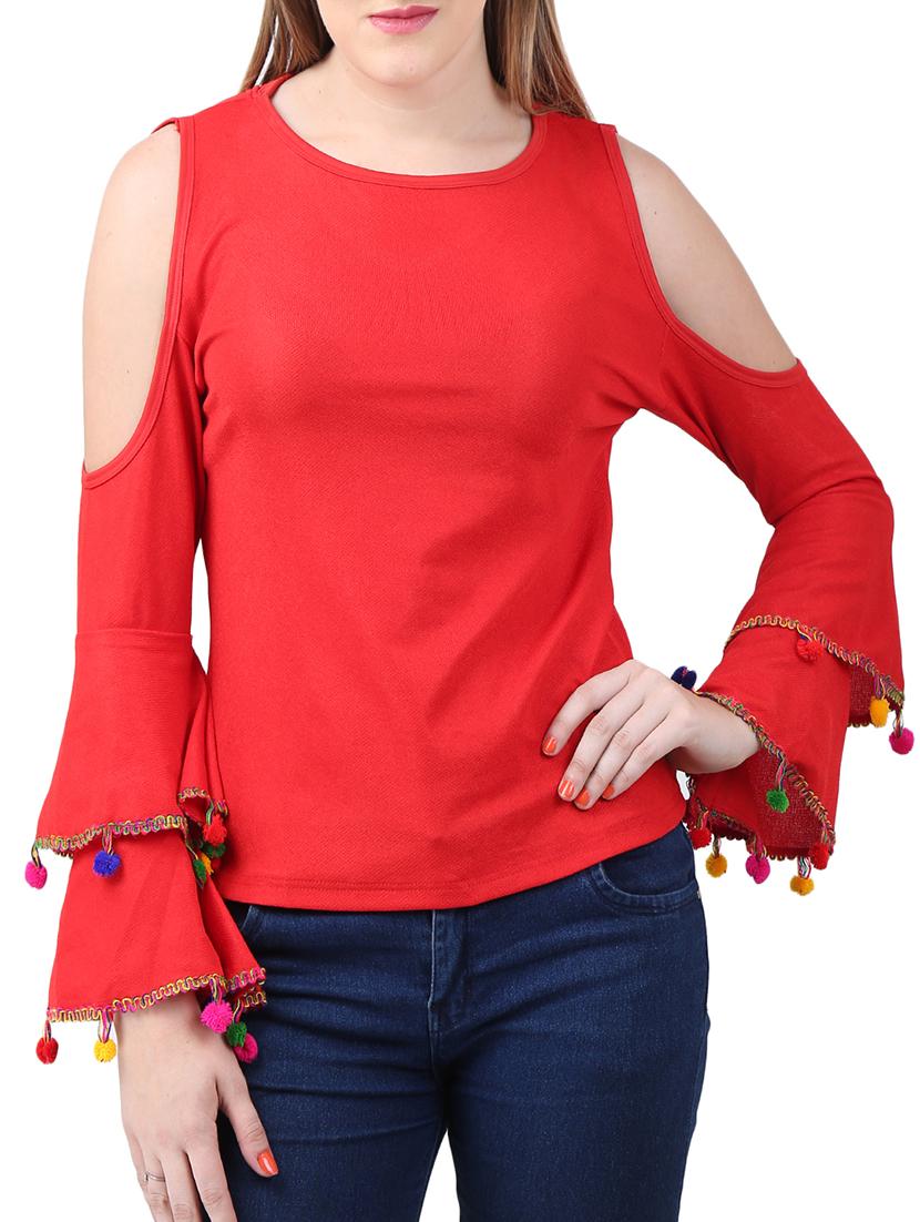 cold shoulder sleeved pom pom detail top - 15282223 - Zoom Image - 1