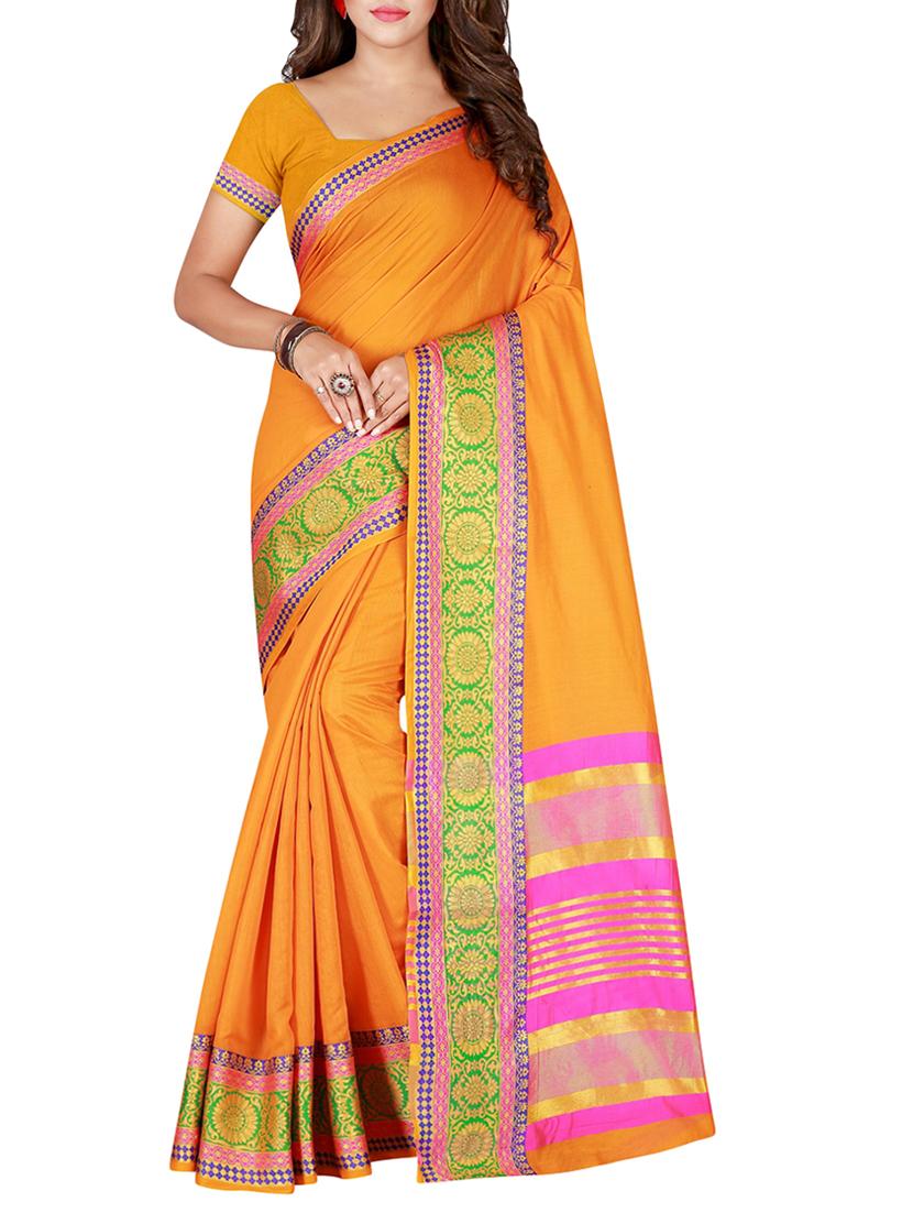 mustard cotton blend bordered saree with blouse - 15284017 - Zoom Image - 1