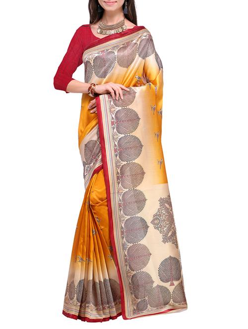 all over printed mustard art silk saree with blouse - 15284116 - Very Small Image - 1
