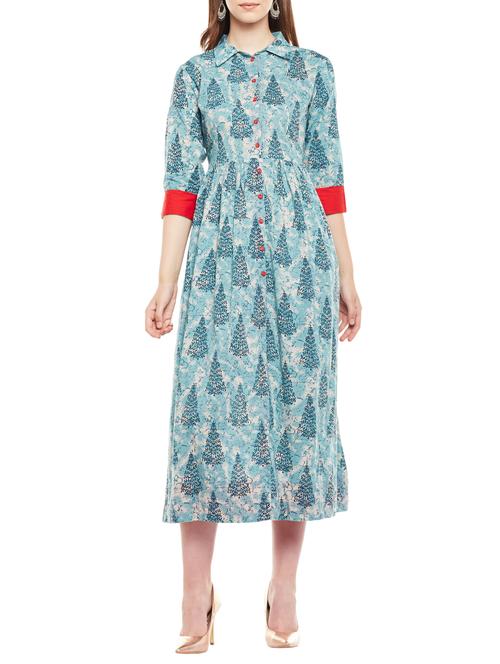 sky blue cotton flared kurta - 15290745 - Very Small Image - 1