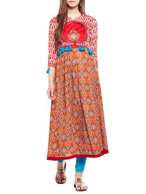 red cotton flared kurta - 15290746 - Very Small Image - 1