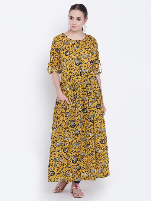 mustard cotton flared kurta - 15291106 - Standard Image - 1