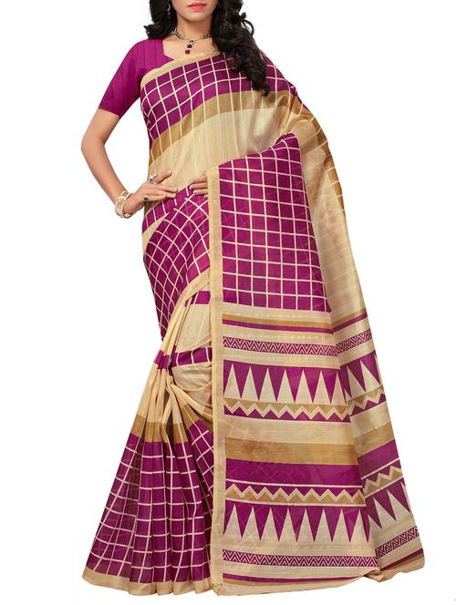 beige silk printed saree with blouse - 15291806 - Very Small Image - 1