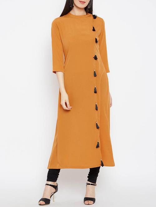 mustard crepe a-line solid kurta - 15295657 - Standard Image - 1
