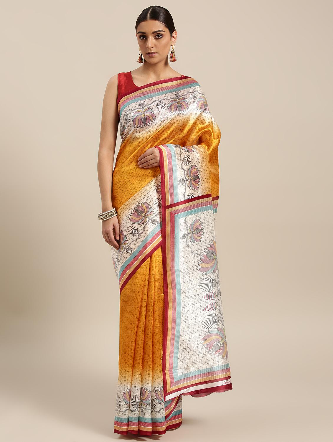 all over printed mustard art silk saree with blouse - 15296060 - Zoom Image - 1