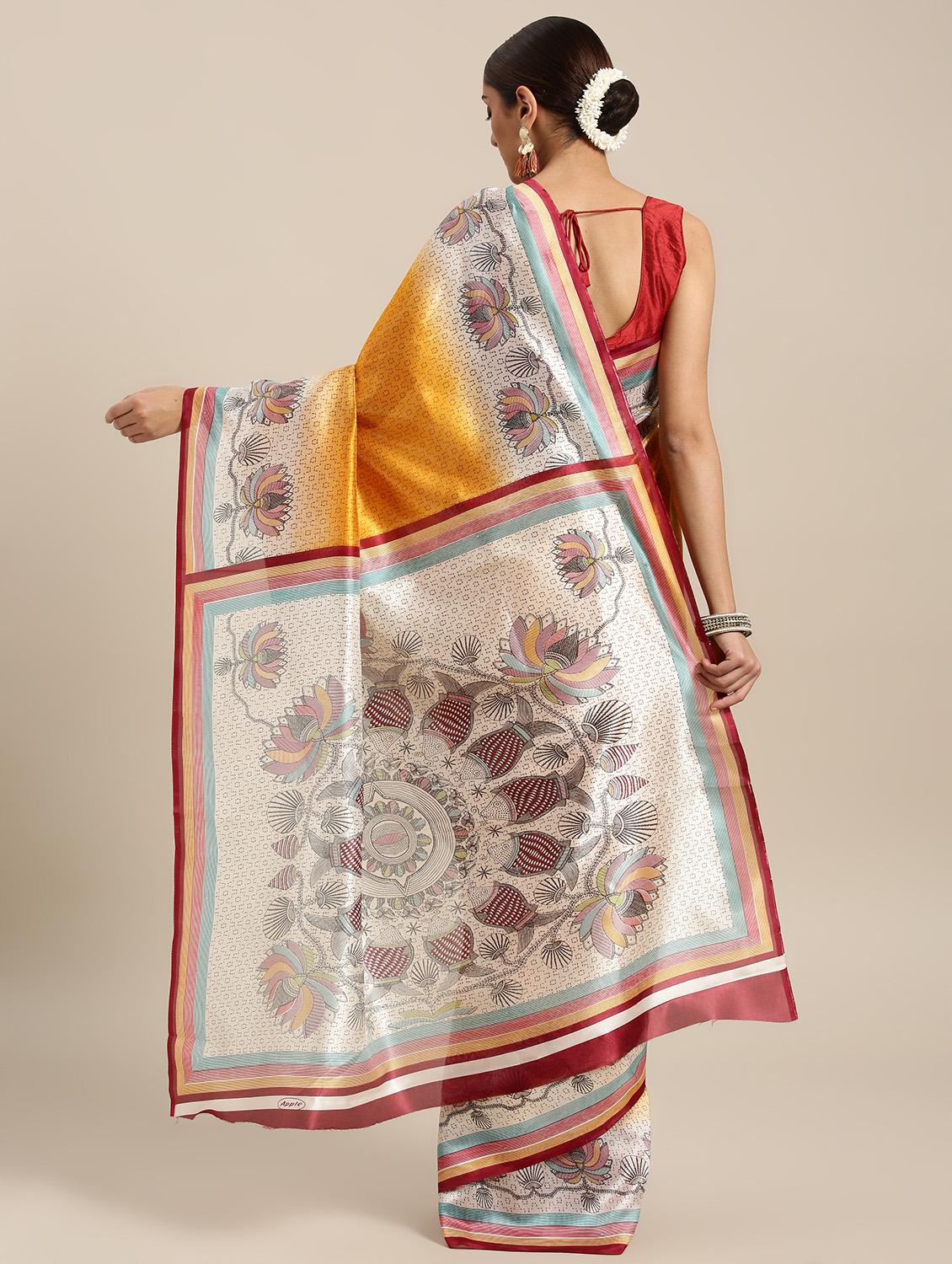 all over printed mustard art silk saree with blouse - 15296060 - Zoom Image - 2