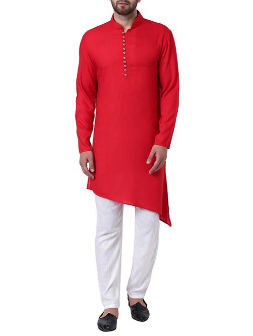 red rayon asymmetric kurta pyjama set - 15296413 - Standard Image - 1
