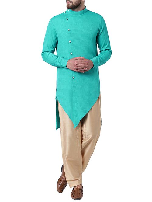 blue silk blend asymmetric kurta pyjama set - 15296421 - Standard Image - 1