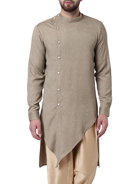 beige silk blend asymmetric kurta - 15296467 - Zoom Image - 1