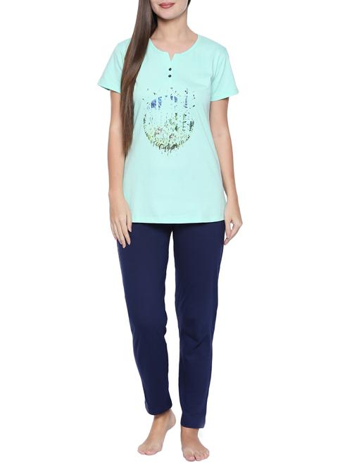 printed notch neck nightwear pajama set - 15300176 - Very Small Image - 1