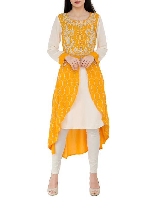 yellow rayon layered kurta - 15300266 - Standard Image - 1
