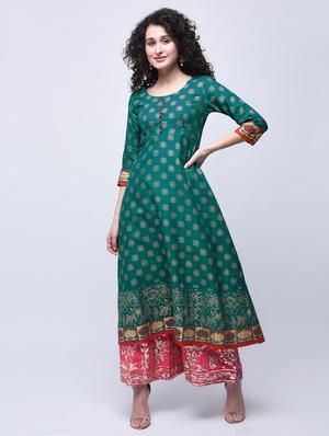 green cotton flared kurta - 15300270 - Standard Image - 4
