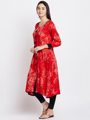 red viscose a-line kurta - 15300335 - Standard Image - 2