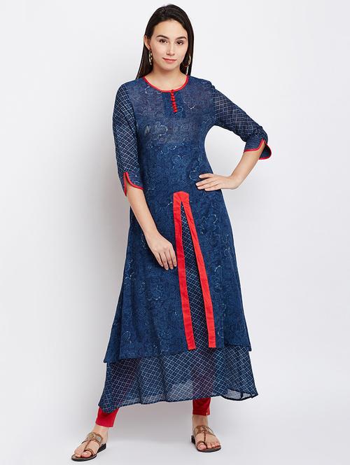blue cotton layered kurta - 15300337 - Standard Image - 1