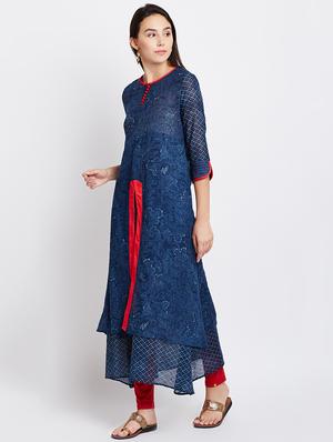 blue cotton layered kurta - 15300337 - Standard Image - 2