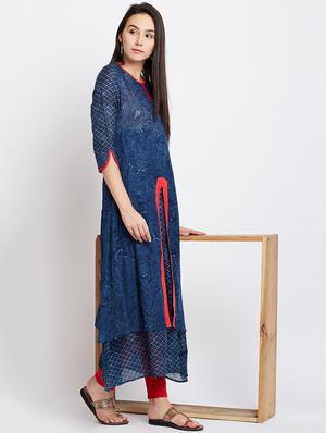 blue cotton layered kurta - 15300337 - Standard Image - 4
