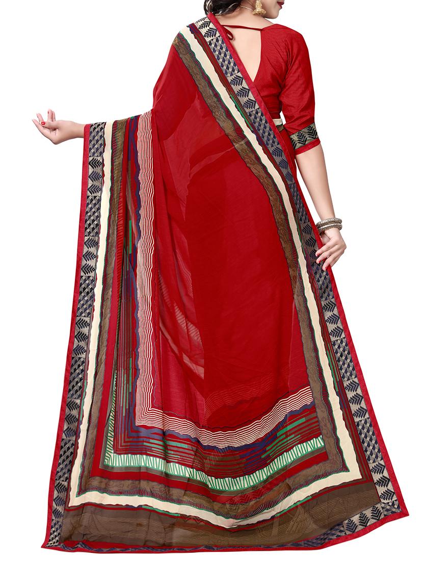 red georgette printed saree with blouse - 15300509 - Zoom Image - 2