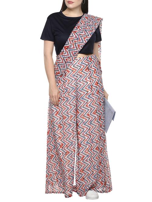 beige polyester fusion palazzo saree with blouse - 15301544 - Very Small Image - 1
