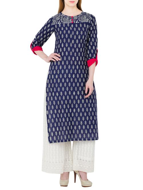 blue cotton straight kurta - 15302259 - Standard Image - 1