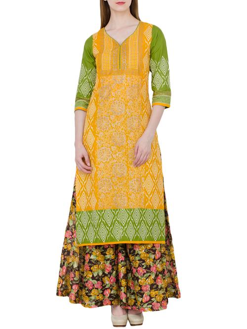 yellow cotton straight kurta - 15302266 - Standard Image - 1