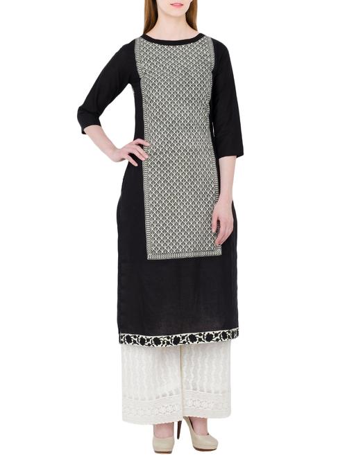 black cotton straight kurta - 15302272 - Standard Image - 1