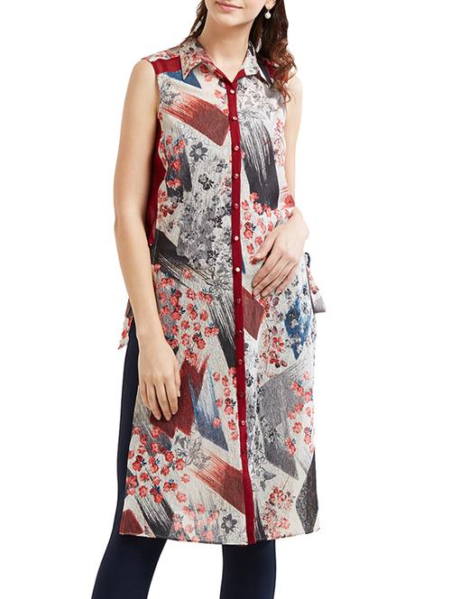 maroon printed slits tunic - 15305991 - Standard Image - 1