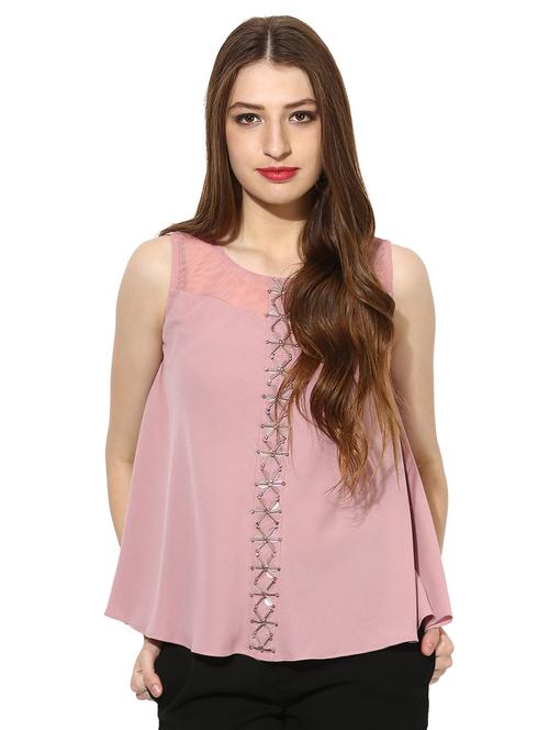 embellished sheer panel neck top - 15305992 - Standard Image - 1