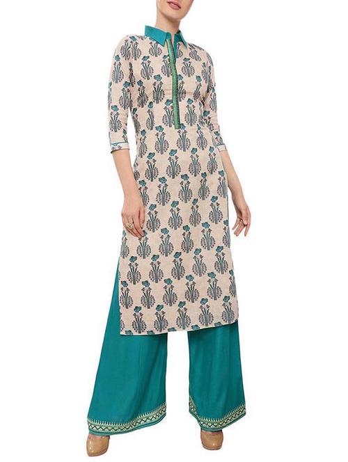 beige cotton kurta palazzo - 15306080 - Standard Image - 1