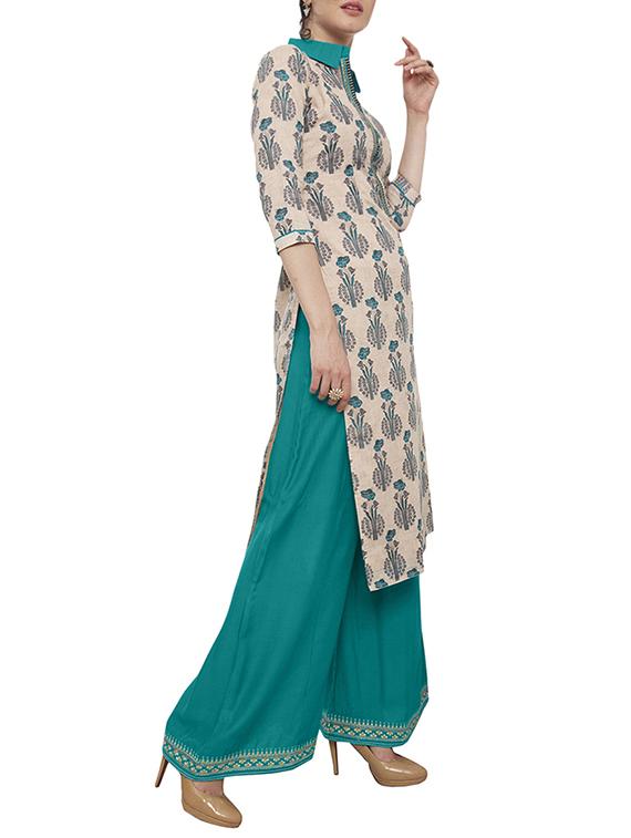 beige cotton kurta palazzo - 15306080 - Zoom Image - 2