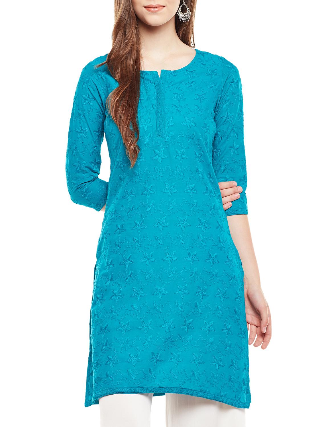 sky blue cotton straight solid kurta - 15307348 - Zoom Image - 1