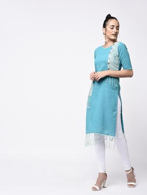 turquoise cotton straight kurta - 15307380 - Standard Image - 3