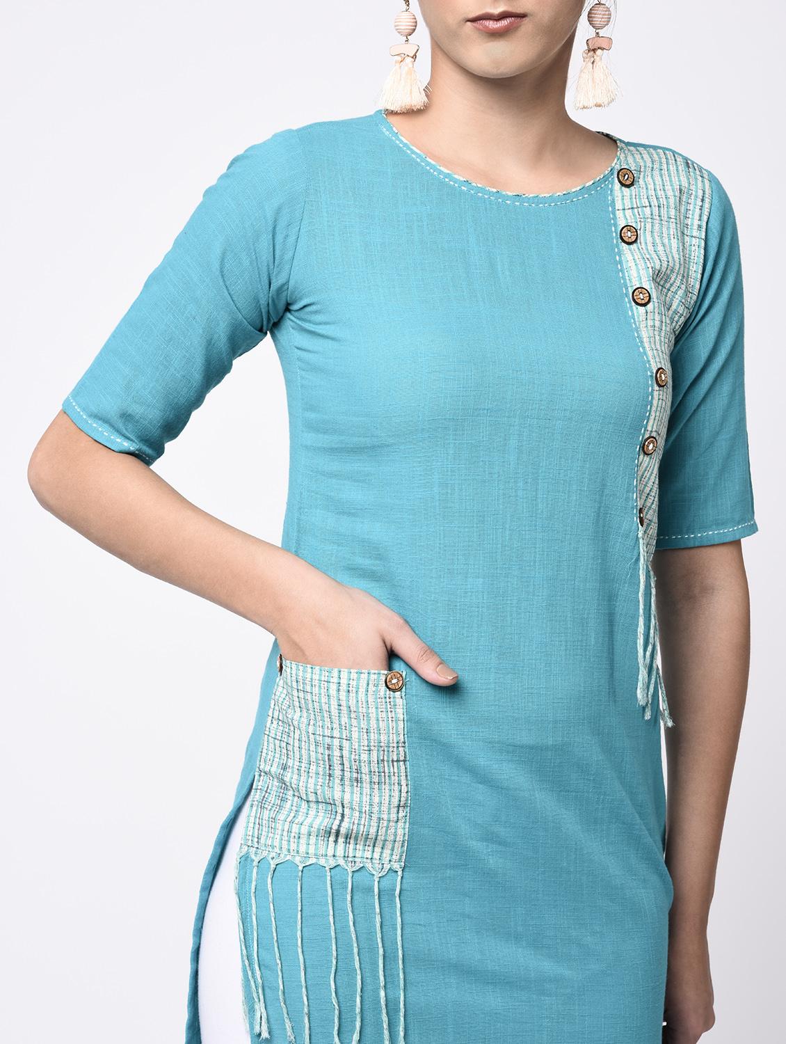 turquoise cotton straight kurta - 15307380 - Zoom Image - 2