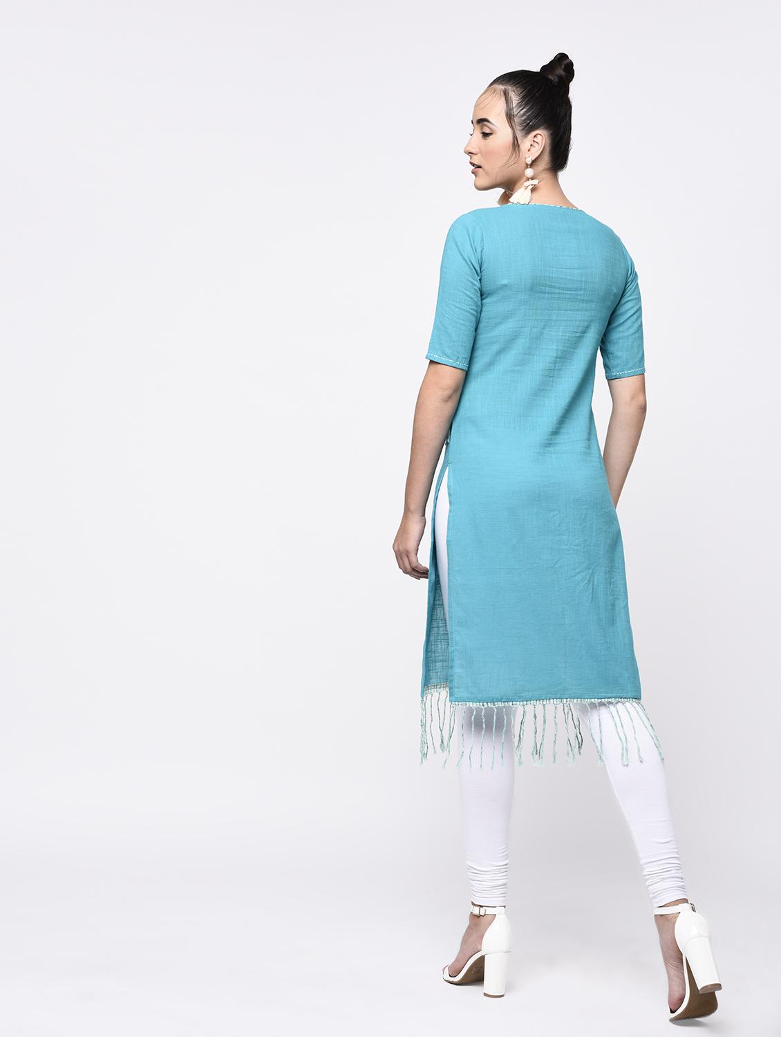 turquoise cotton straight kurta - 15307380 - Zoom Image - 4